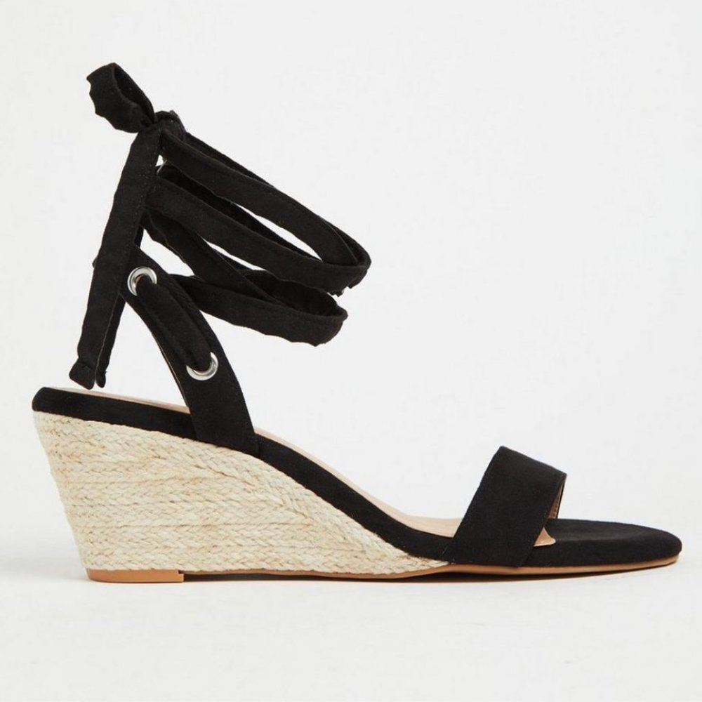Torrid Black Faux Suede Ankle Wrap Espadrille Demi Wedge - Picture 1 of 9